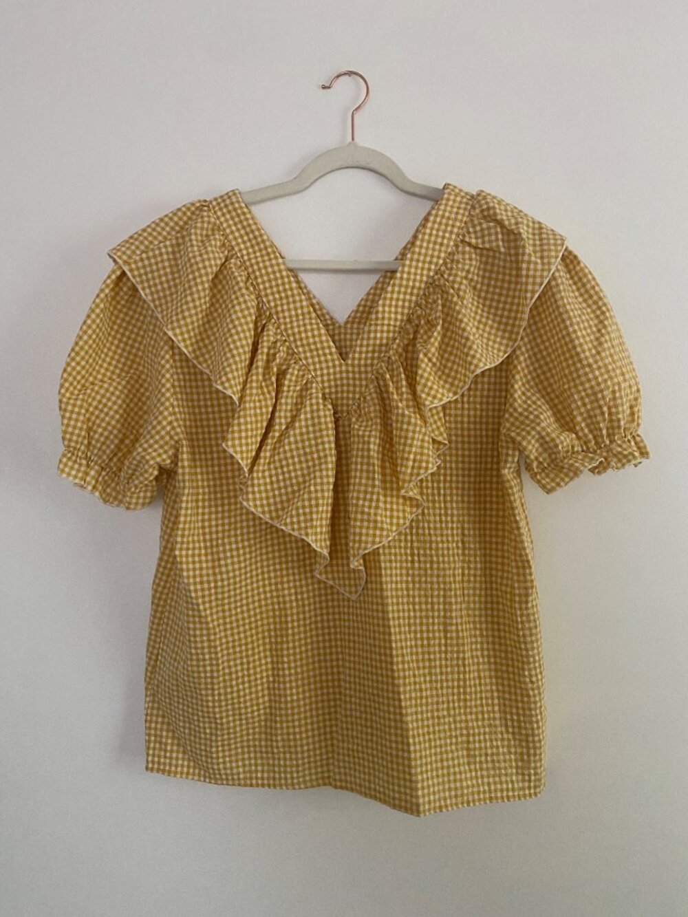 Yellow Gingham V-Neck Peasant Cottage Blouse With Puff Sleeves Women’s XL